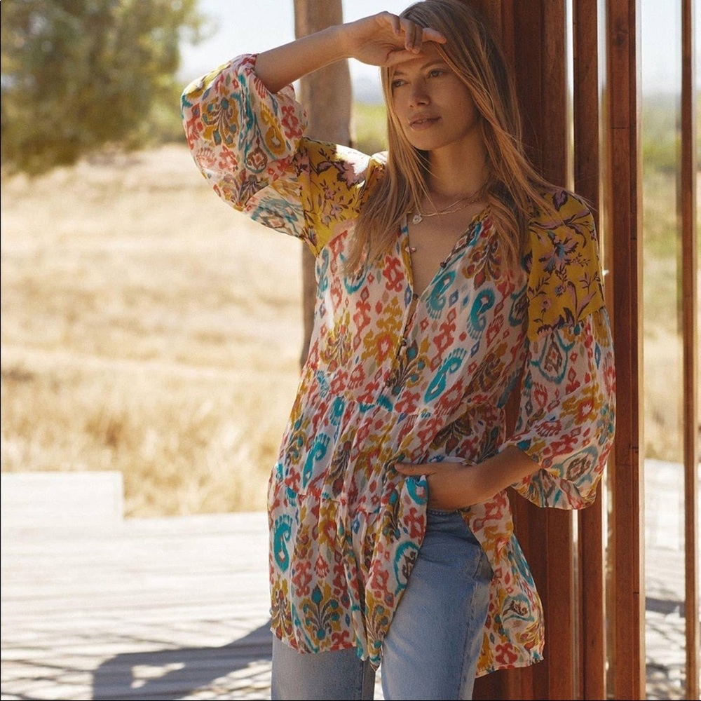 Anthropologie Maureen Paisley Babydoll Chiffon Long Sleeve Tunic Top